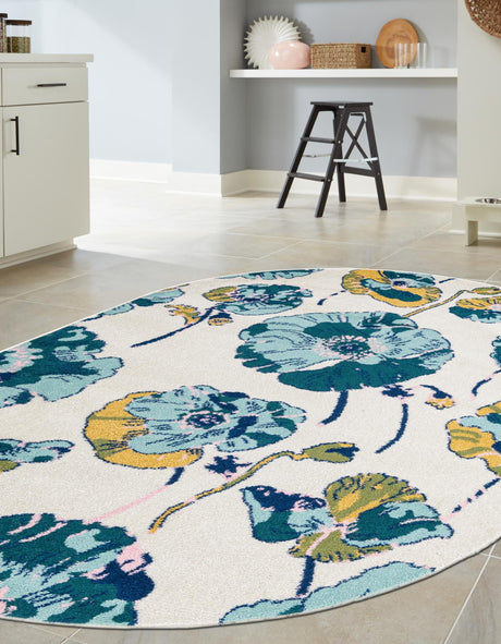 White 5' 3 x 7' 10 Bloom Oval Area Rug 100% Polypropylene With Cotton Backing Easy Clean Colorful Blooming Flower Floral Carpet for Living Dining Room Office Dorms for Sale at Rug Engine