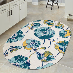 White 6' x 9' Bloom Oval Area Rug 100% Polypropylene With Cotton Backing Easy Clean Colorful Blooming Flower Floral Carpet for Living Dining Room Office Dorms for Sale at Rug Engine