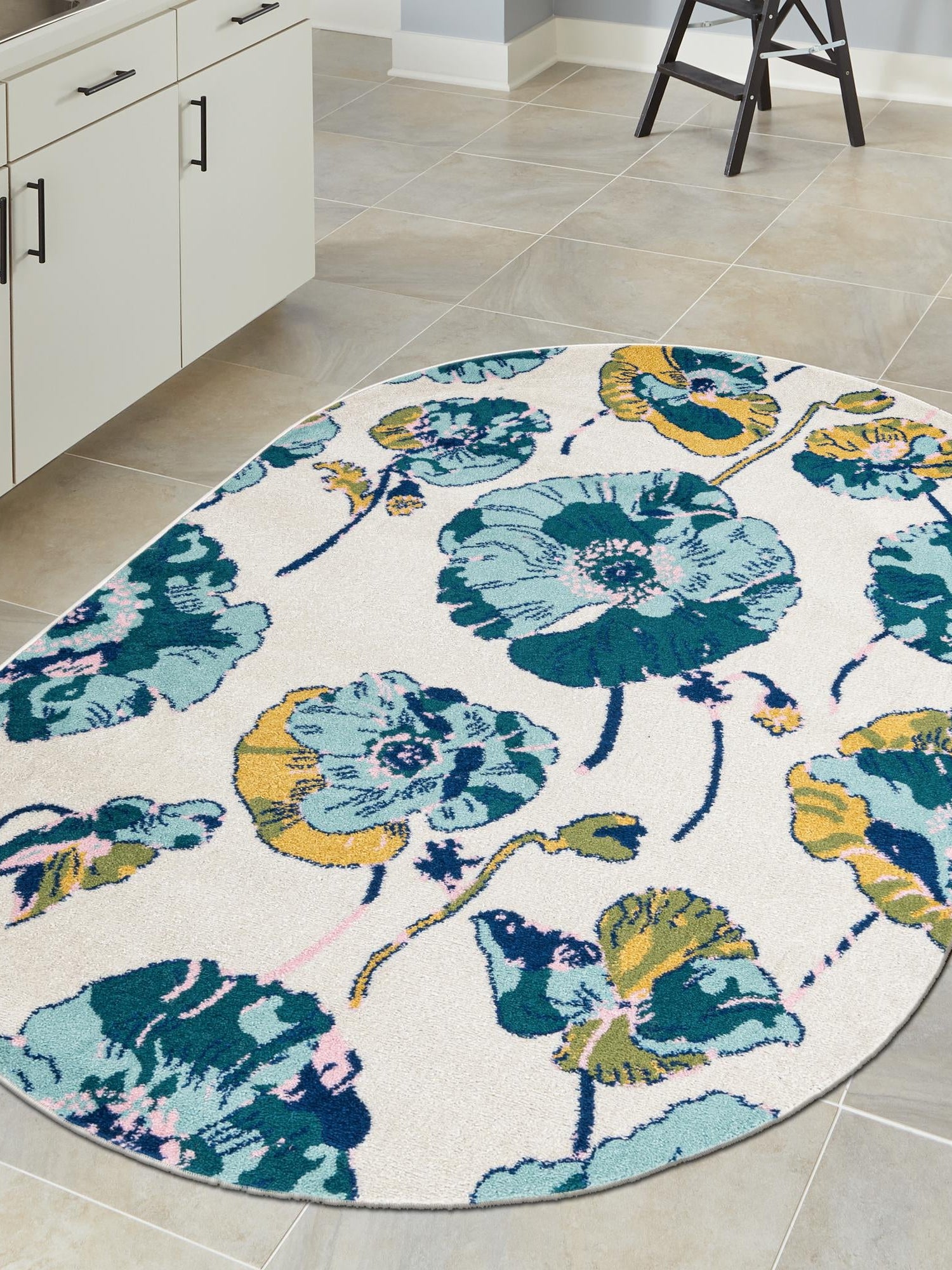 White 5' 3 x 7' 10 Bloom Oval Area Rug 100% Polypropylene With Cotton Backing Easy Clean Colorful Blooming Flower Floral Carpet for Living Dining Room Office Dorms for Sale at Rug Engine