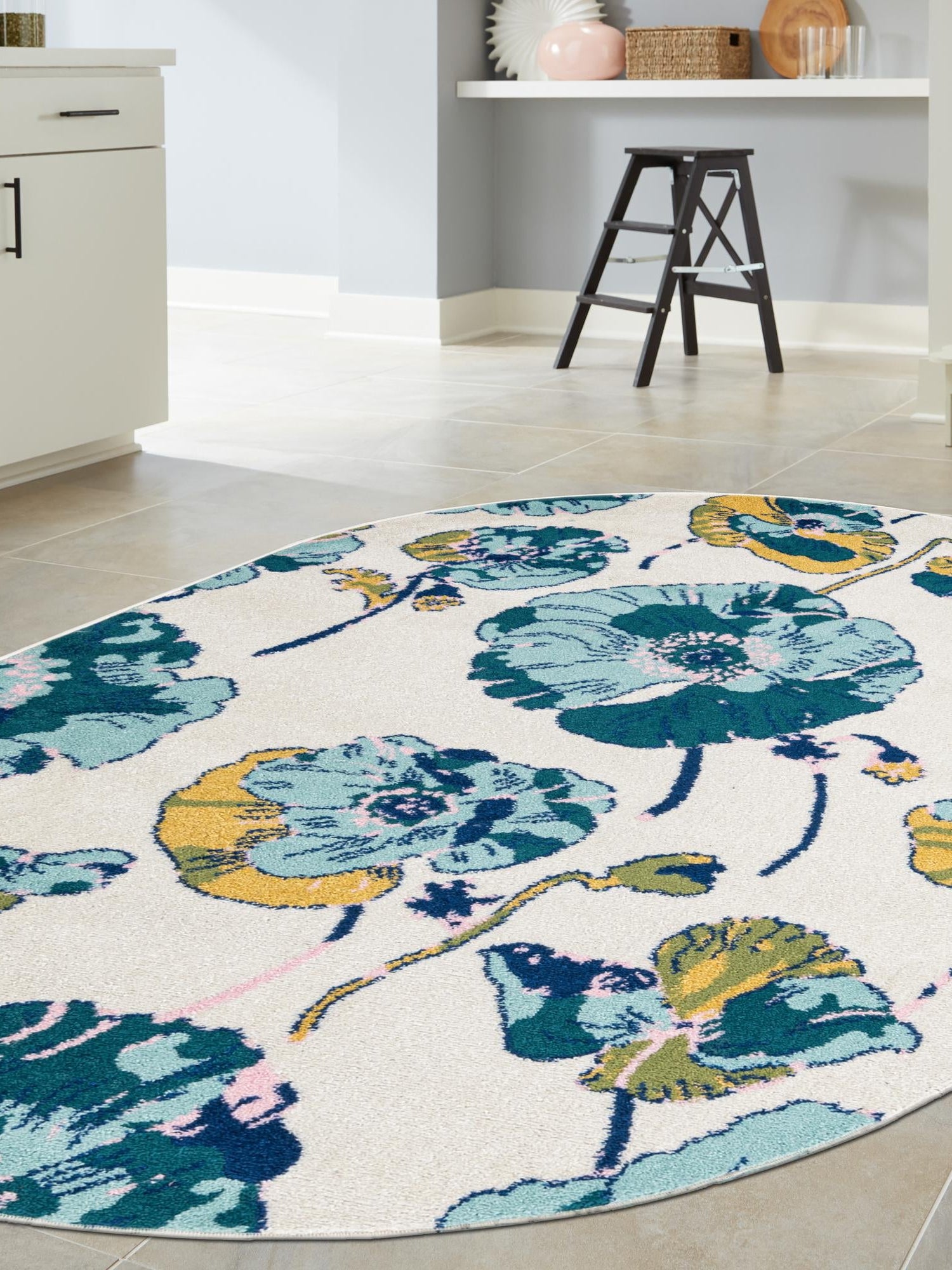 White 7' 10 x 10' Bloom Oval Area Rug 100% Polypropylene With Cotton Backing Easy Clean Colorful Blooming Flower Floral Carpet for Living Dining Room Office Dorms for Sale at Rug Engine