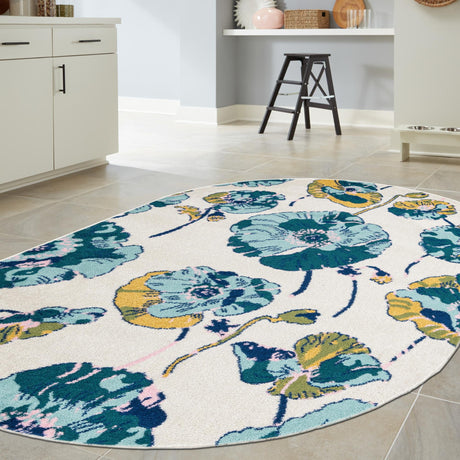 White 7' 10 x 10' Bloom Oval Area Rug 100% Polypropylene With Cotton Backing Easy Clean Colorful Blooming Flower Floral Carpet for Living Dining Room Office Dorms for Sale at Rug Engine