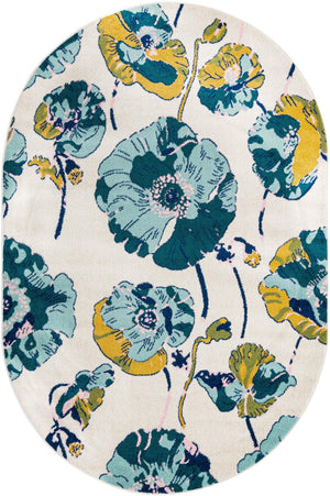 White 6' x 9' Bloom Oval Area Rug 100% Polypropylene With Cotton Backing Easy Clean Colorful Blooming Flower Floral Carpet for Living Dining Room Office Dorms for Sale at Rug Engine