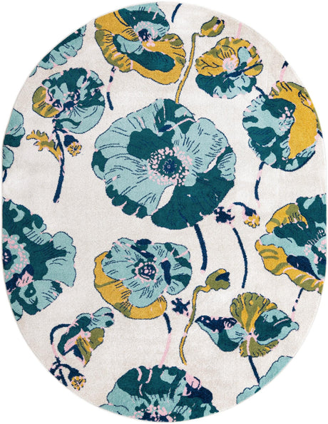 White 7' 10 x 10' Bloom Oval Area Rug 100% Polypropylene With Cotton Backing Easy Clean Colorful Blooming Flower Floral Carpet for Living Dining Room Office Dorms for Sale at Rug Engine
