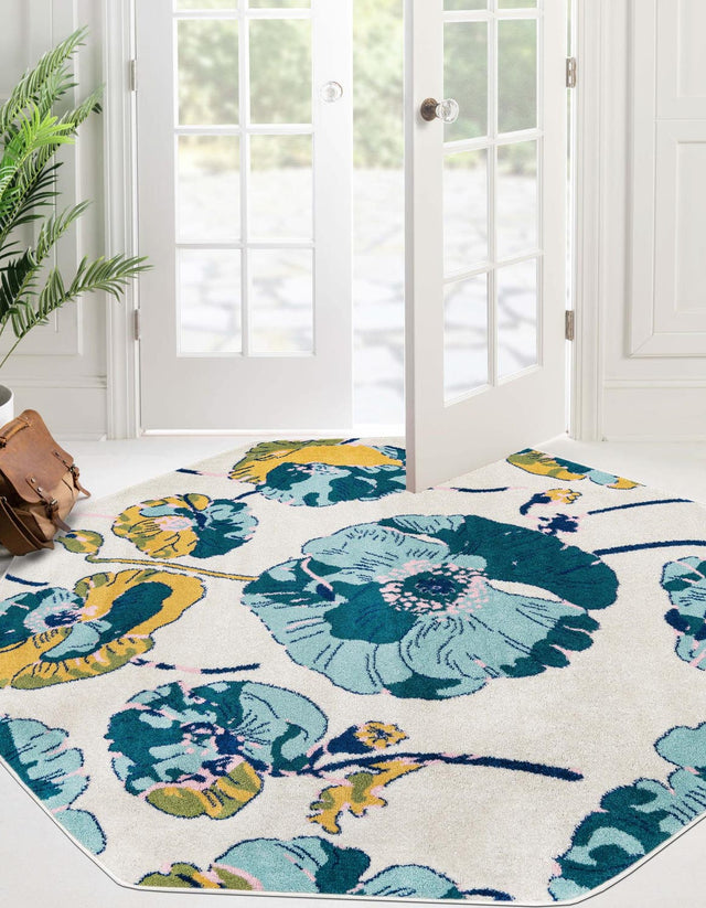 White 7' x 7' Bloom Octagon Area Rug 100% Polypropylene With Cotton Backing Easy Clean Colorful Blooming Flower Floral Carpet for Living Dining Room Office Dorms for Sale at Rug Engine