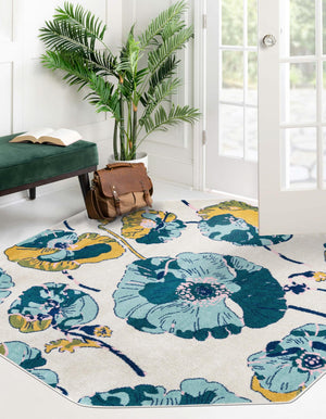 White 7' x 7' Bloom Octagon Area Rug 100% Polypropylene With Cotton Backing Easy Clean Colorful Blooming Flower Floral Carpet for Living Dining Room Office Dorms for Sale at Rug Engine