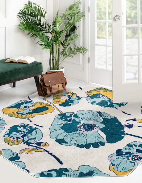 White 7' x 7' Bloom Octagon Area Rug 100% Polypropylene With Cotton Backing Easy Clean Colorful Blooming Flower Floral Carpet for Living Dining Room Office Dorms for Sale at Rug Engine