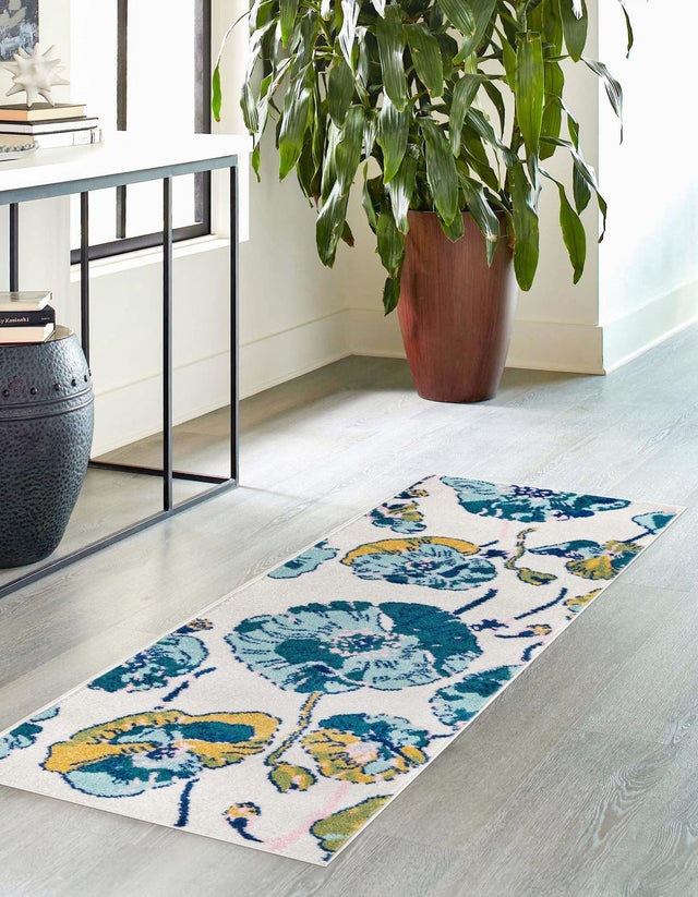 White 2' 7 x 12' Bloom Runner Area Rug 100% Polypropylene With Cotton Backing Easy Clean Colorful Blooming Flower Floral Carpet for Living Dining Room Office Dorms for Sale at Rug Engine