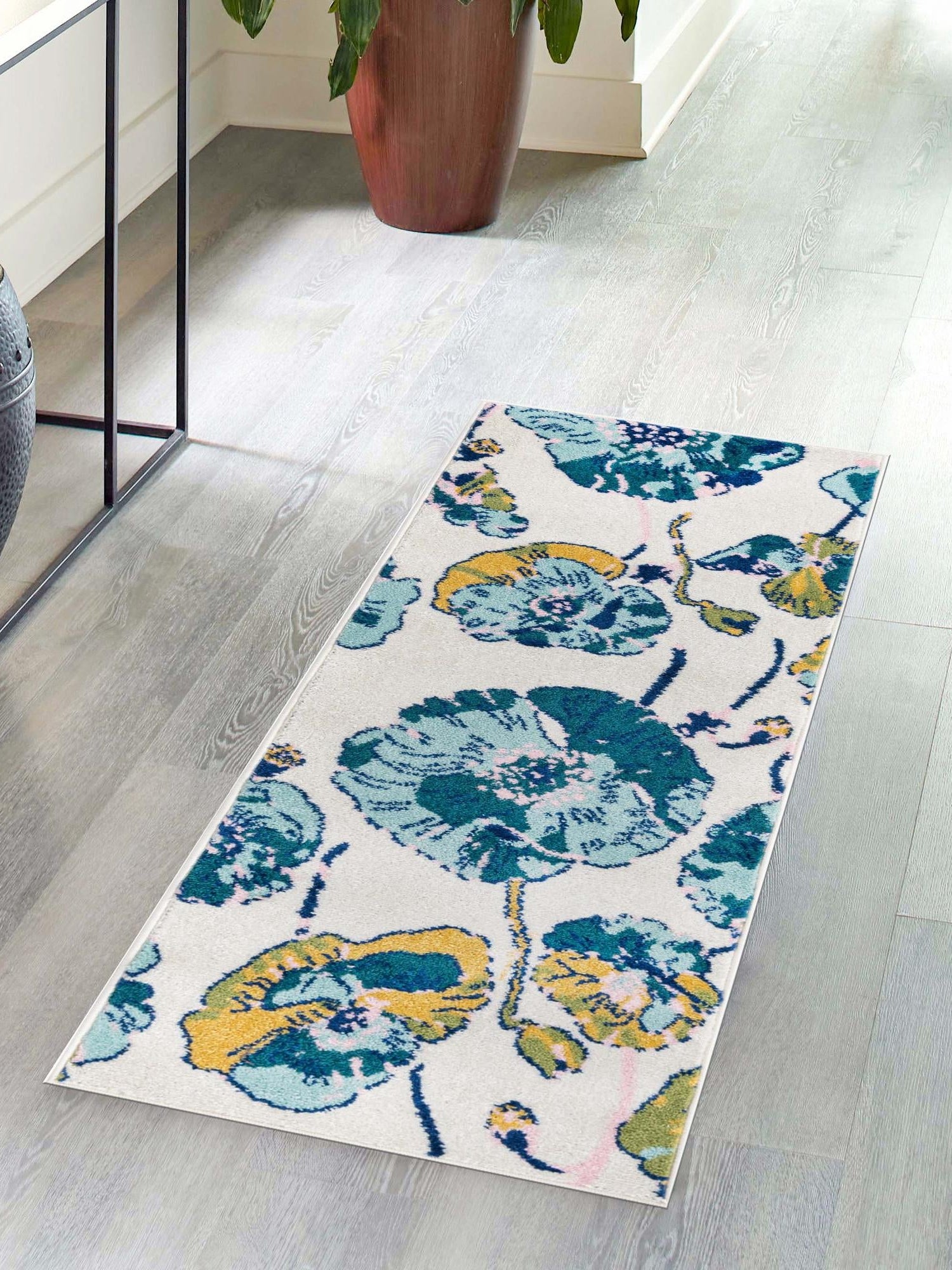 White 2' x 8' Bloom Runner Area Rug 100% Polypropylene With Cotton Backing Easy Clean Colorful Blooming Flower Floral Carpet for Living Dining Room Office Dorms for Sale at Rug Engine