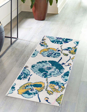 White 2' x 8' Bloom Runner Area Rug 100% Polypropylene With Cotton Backing Easy Clean Colorful Blooming Flower Floral Carpet for Living Dining Room Office Dorms for Sale at Rug Engine