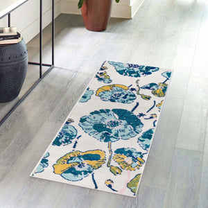 White 2' x 6' Bloom Runner Area Rug 100% Polypropylene With Cotton Backing Easy Clean Colorful Blooming Flower Floral Carpet for Living Dining Room Office Dorms for Sale at Rug Engine