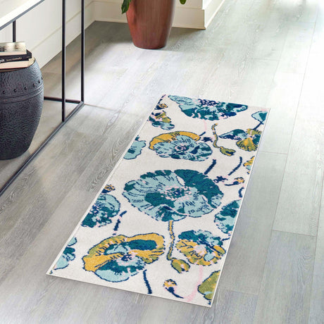 White 2' x 6' Bloom Runner Area Rug 100% Polypropylene With Cotton Backing Easy Clean Colorful Blooming Flower Floral Carpet for Living Dining Room Office Dorms for Sale at Rug Engine