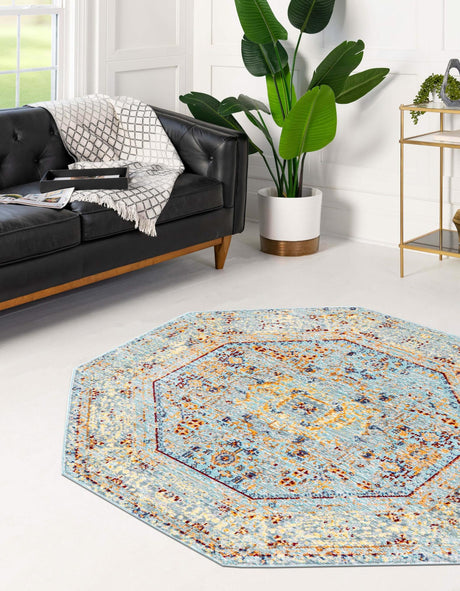Light Blue 4' x 4' Austin Octagon Area Rug 100% Polyester Durable Cotton Backing Living Dining Room Bedroom Office Vintage Decor Carpet for Sale at Rug Engine