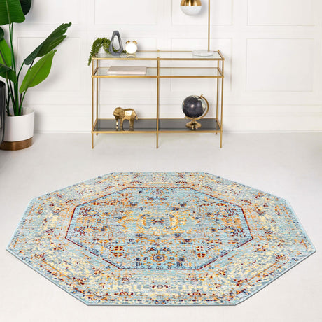 Light Blue 4' x 4' Austin Octagon Area Rug 100% Polyester Durable Cotton Backing Living Dining Room Bedroom Office Vintage Decor Carpet for Sale at Rug Engine