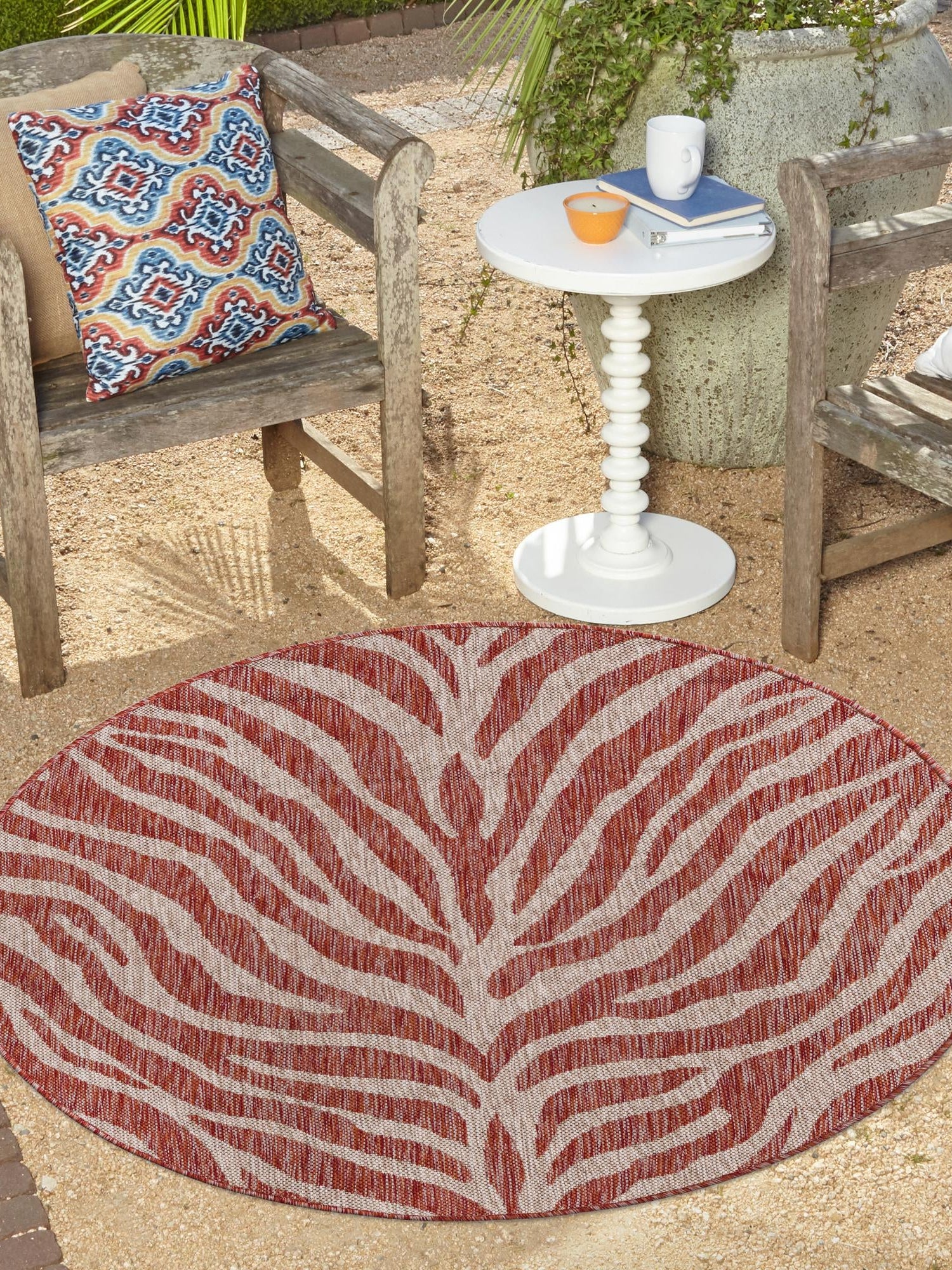 Rust Red 4' 1 x 4' 1 Outdoor Safari Round Area Rug Weather Resistant for Patio, Deck, Terrace, Balcony, Porch Animal Print Wildlife Nature Carpet for Sale at Rug Engine