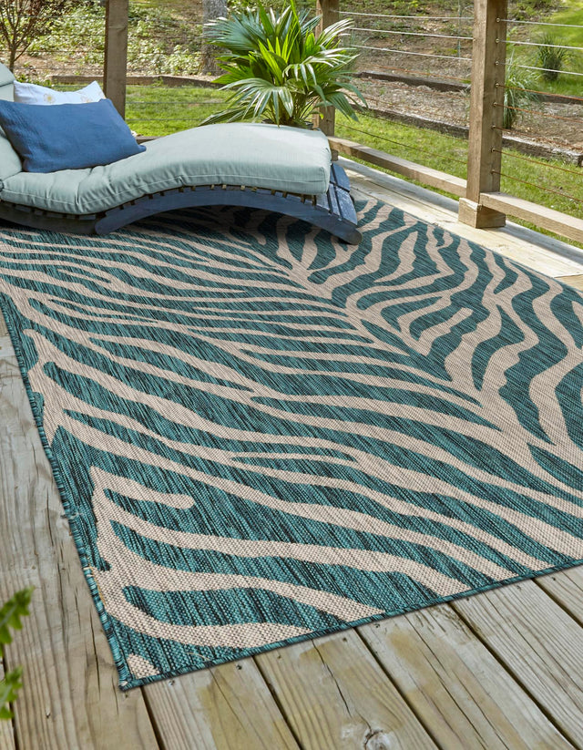 Teal 4' 1 x 6' 1 Outdoor Safari Rectangle Area Rug Weather Resistant for Patio, Deck, Terrace, Balcony, Porch Animal Print Wildlife Nature Carpet for Sale at Rug Engine