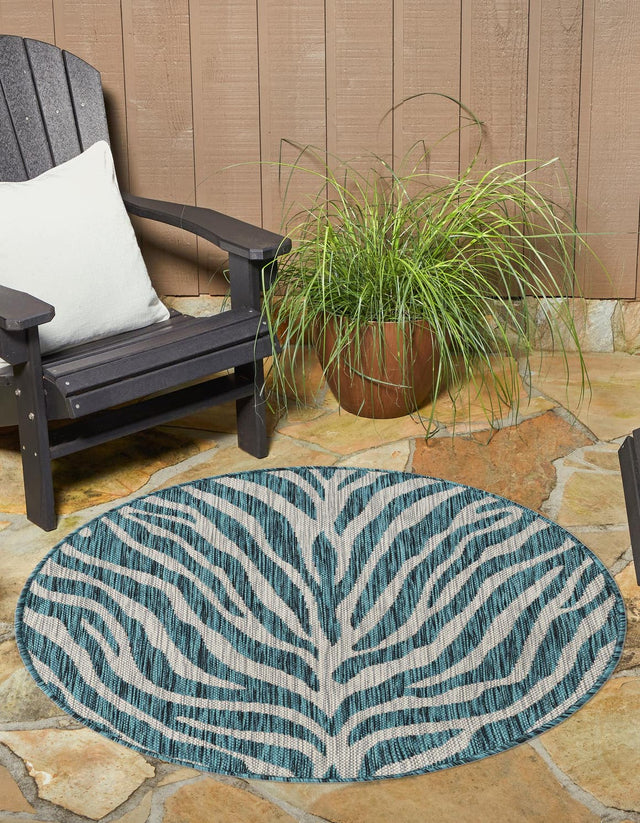 Teal 10' x 10' Outdoor Safari Round Area Rug Weather Resistant for Patio, Deck, Terrace, Balcony, Porch Animal Print Wildlife Nature Carpet for Sale at Rug Engine