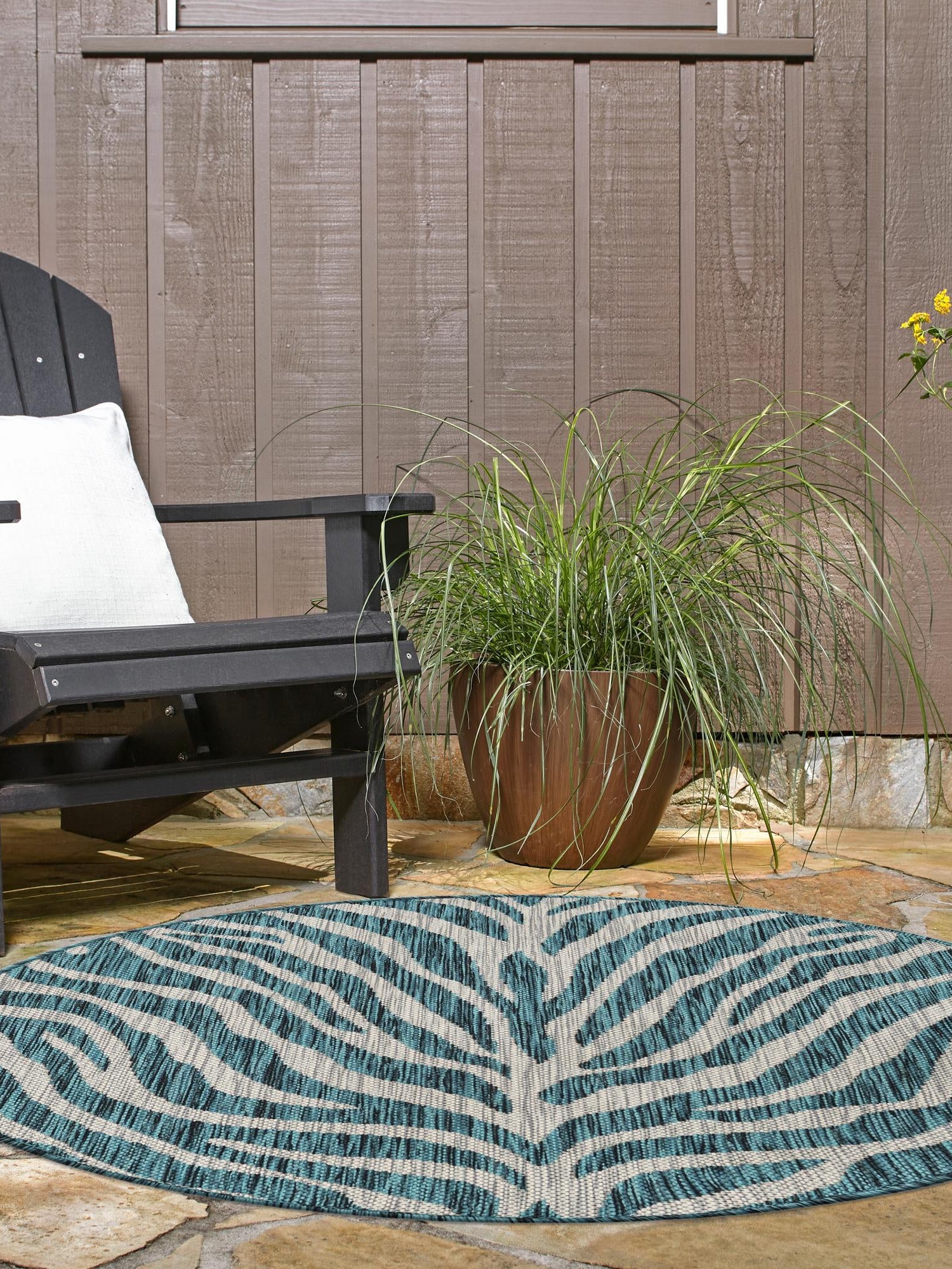 Teal 4' 1 x 4' 1 Outdoor Safari Round Area Rug Weather Resistant for Patio, Deck, Terrace, Balcony, Porch Animal Print Wildlife Nature Carpet for Sale at Rug Engine