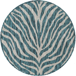 Teal 3' 1 x 3' 1 Outdoor Safari Round Area Rug Weather Resistant for Patio, Deck, Terrace, Balcony, Porch Animal Print Wildlife Nature Carpet for Sale at Rug Engine