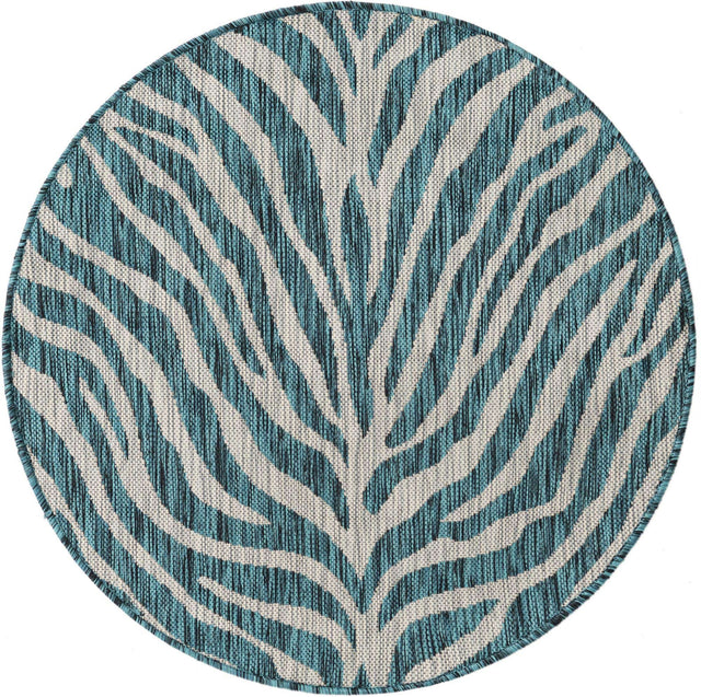 Teal 3' 1 x 3' 1 Outdoor Safari Round Area Rug Weather Resistant for Patio, Deck, Terrace, Balcony, Porch Animal Print Wildlife Nature Carpet for Sale at Rug Engine