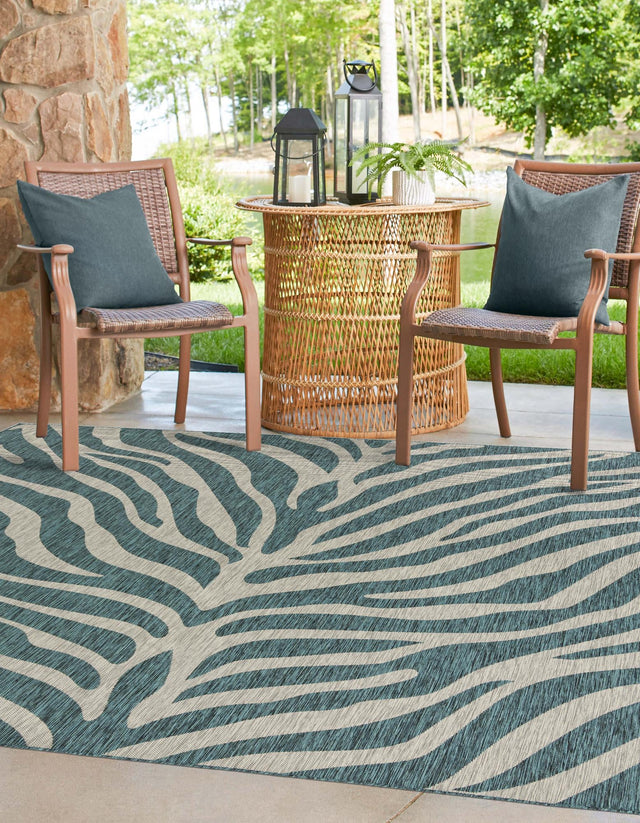 Teal 10' x 10' Outdoor Safari Square Area Rug Weather Resistant for Patio, Deck, Terrace, Balcony, Porch Animal Print Wildlife Nature Carpet for Sale at Rug Engine
