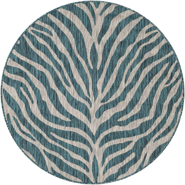 Teal 4' 1 x 4' 1 Outdoor Safari Round Area Rug Weather Resistant for Patio, Deck, Terrace, Balcony, Porch Animal Print Wildlife Nature Carpet for Sale at Rug Engine