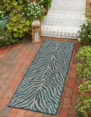 Teal 2' x 8' Outdoor Safari Runner Area Rug Weather Resistant for Patio, Deck, Terrace, Balcony, Porch Animal Print Wildlife Nature Carpet for Sale at Rug Engine