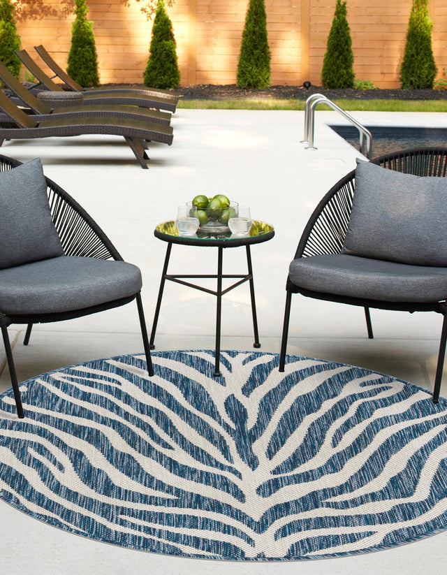 Blue 3' 1 x 3' 1 Outdoor Safari Round Area Rug Weather Resistant for Patio, Deck, Terrace, Balcony, Porch Animal Print Wildlife Nature Carpet for Sale at Rug Engine