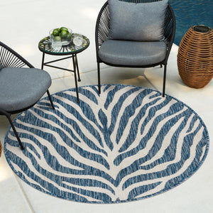 Blue 4' 1 x 4' 1 Outdoor Safari Round Area Rug Weather Resistant for Patio, Deck, Terrace, Balcony, Porch Animal Print Wildlife Nature Carpet for Sale at Rug Engine