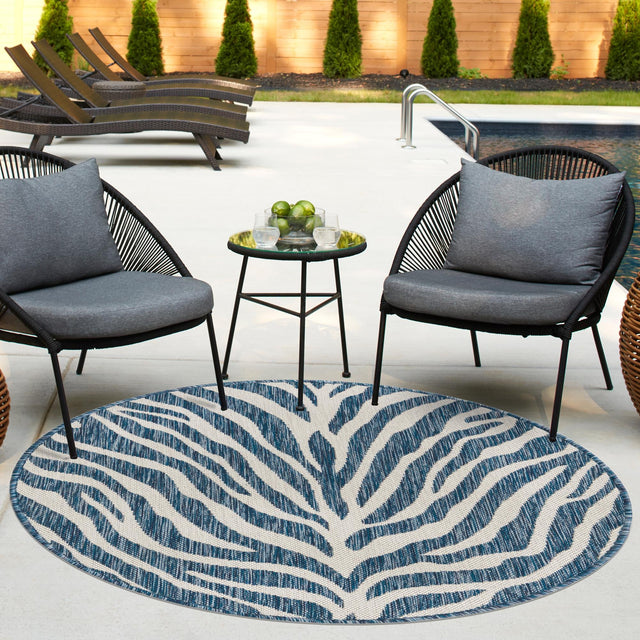 Blue 4' 1 x 4' 1 Outdoor Safari Round Area Rug Weather Resistant for Patio, Deck, Terrace, Balcony, Porch Animal Print Wildlife Nature Carpet for Sale at Rug Engine