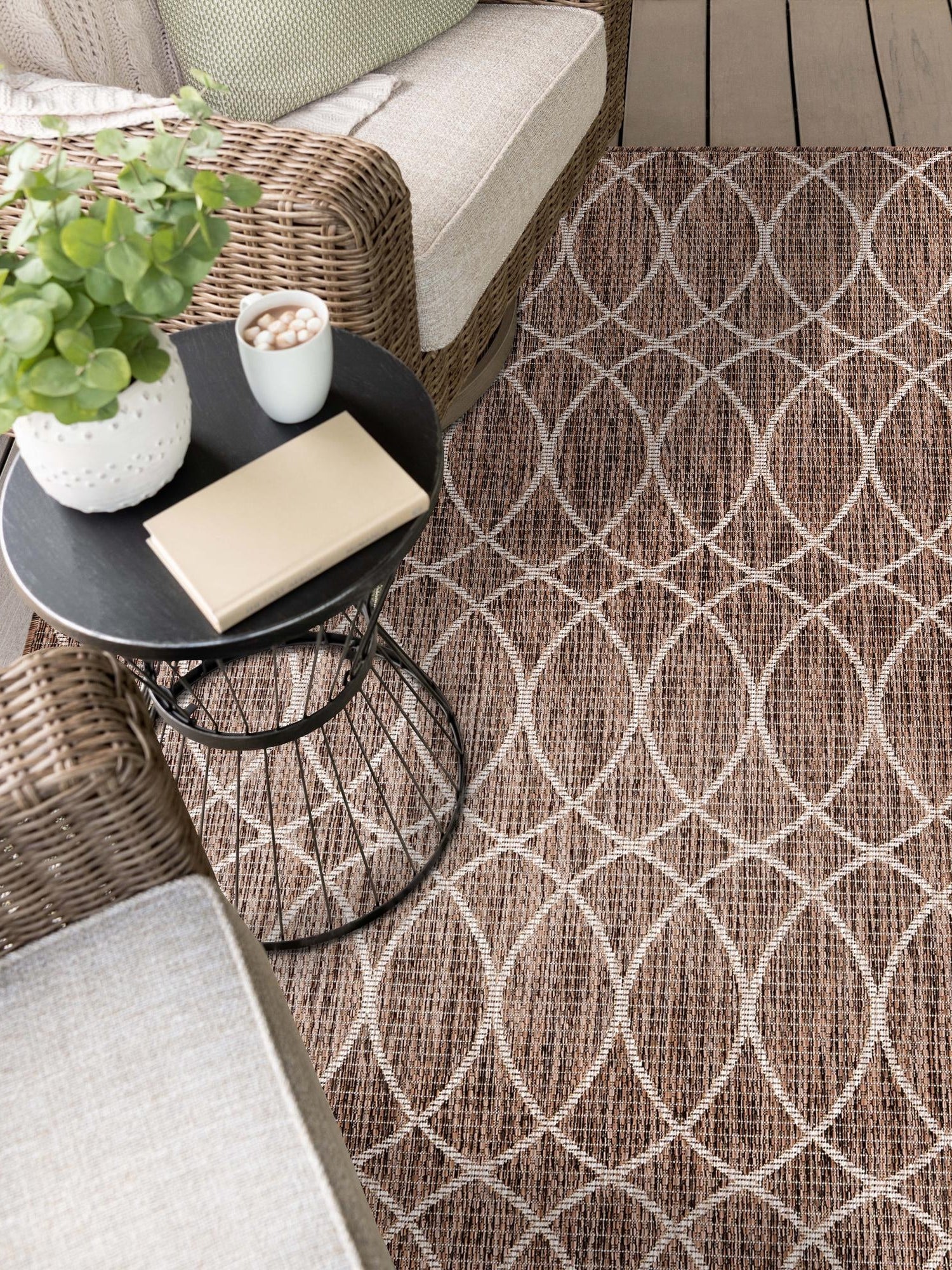 Brown 7' 10 x 11' Outdoor Trellis Rectangle Area Rug Weather Resistant for Patio, Deck, Terrace, Balcony, Porch Geometric Design Water Safe Outside Carpet for Sale at Rug Engine