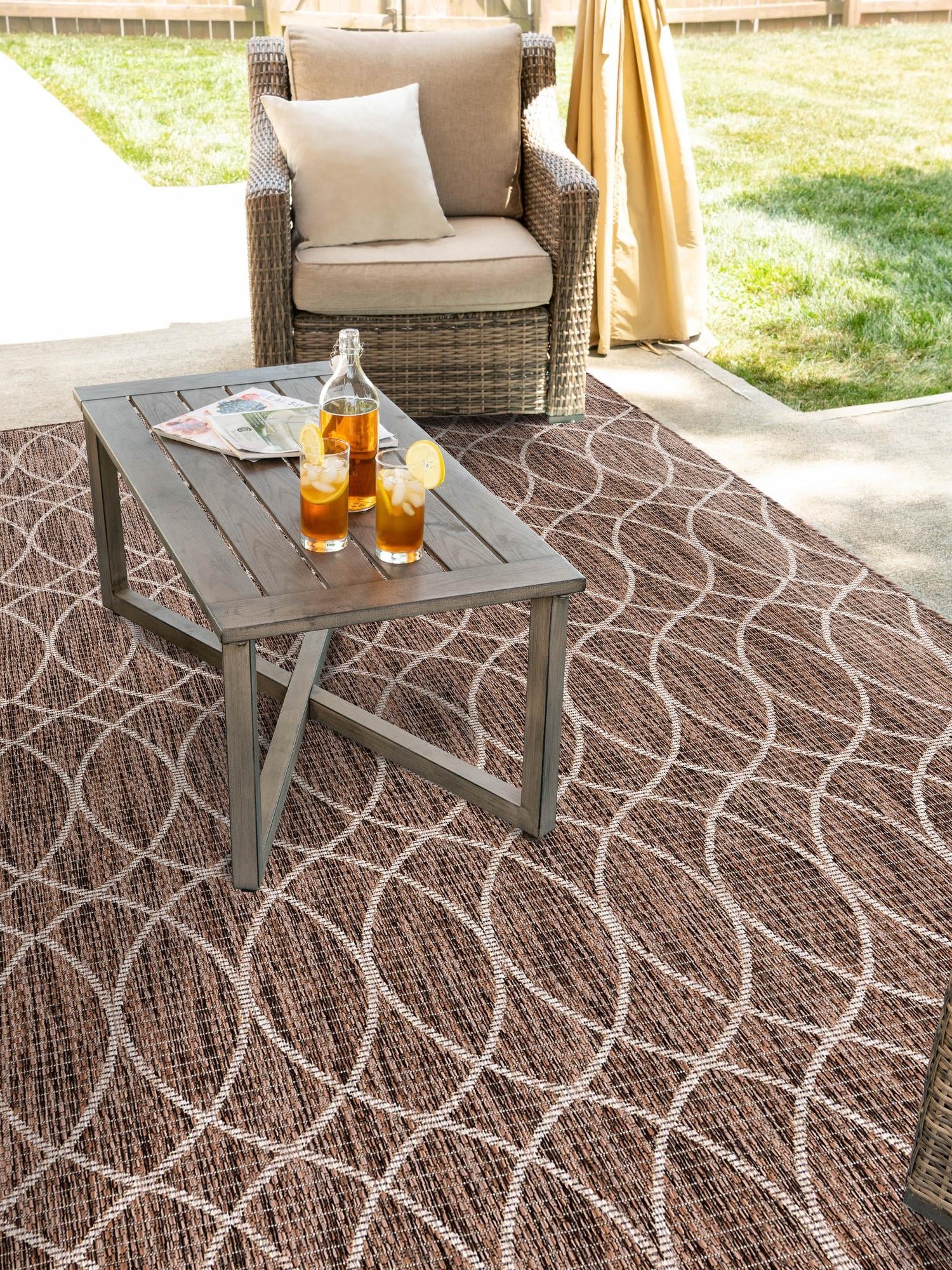 Brown 10' x 14' 1 Outdoor Trellis Rectangle Area Rug Weather Resistant for Patio, Deck, Terrace, Balcony, Porch Geometric Design Water Safe Outside Carpet for Sale at Rug Engine