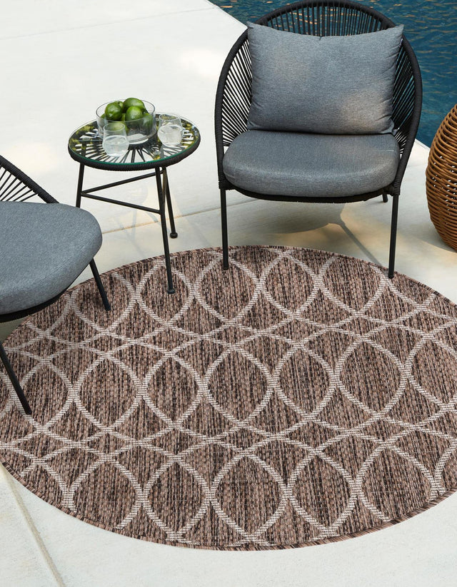 Brown 3' 1 x 3' 1 Outdoor Trellis Round Area Rug Weather Resistant for Patio, Deck, Terrace, Balcony, Porch Geometric Design Water Safe Outside Carpet for Sale at Rug Engine