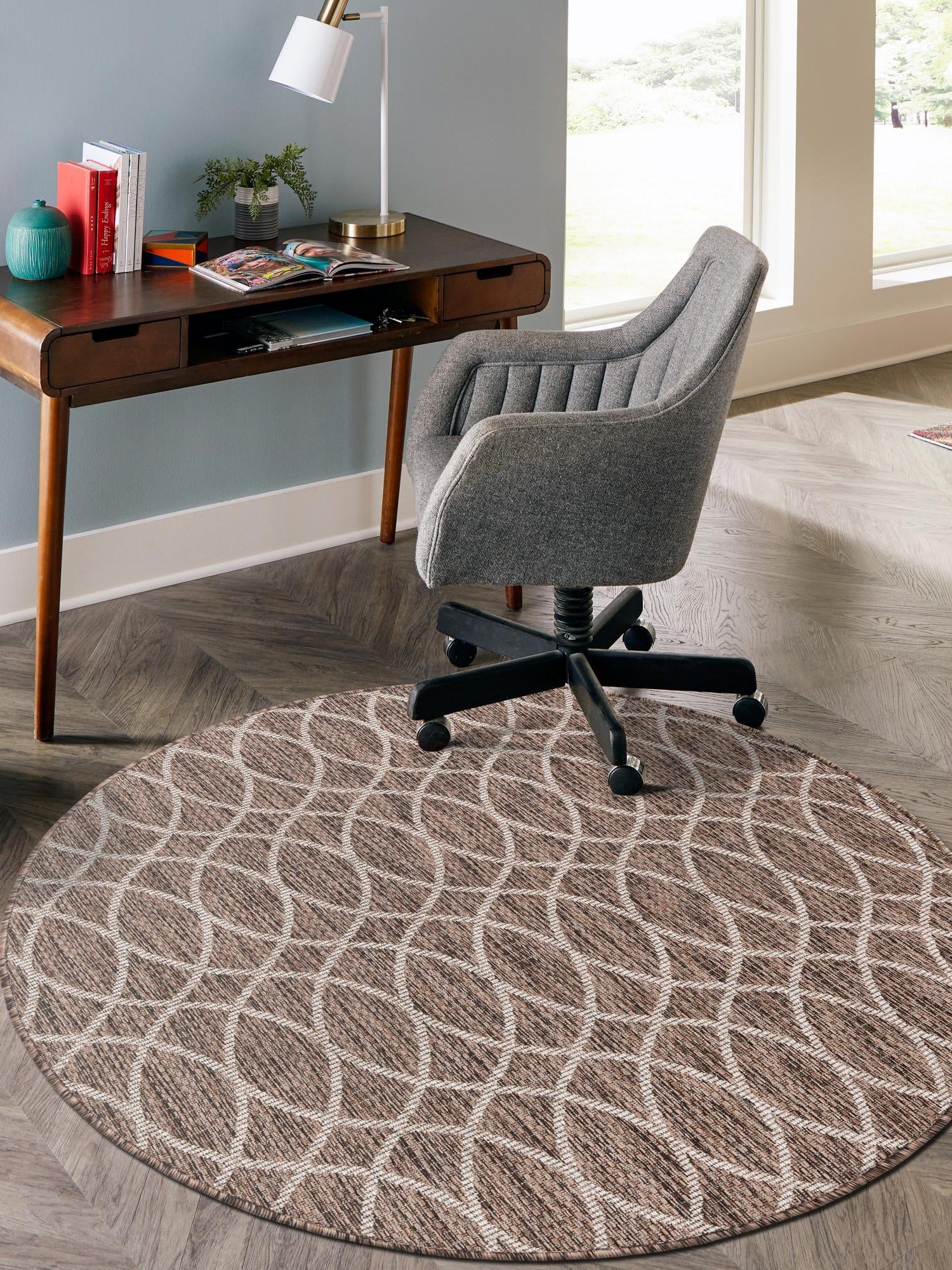 Brown 10' x 10' Outdoor Trellis Round Area Rug Weather Resistant for Patio, Deck, Terrace, Balcony, Porch Geometric Design Water Safe Outside Carpet for Sale at Rug Engine