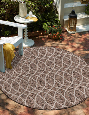 Brown 3' 1 x 3' 1 Outdoor Trellis Round Area Rug Weather Resistant for Patio, Deck, Terrace, Balcony, Porch Geometric Design Water Safe Outside Carpet for Sale at Rug Engine