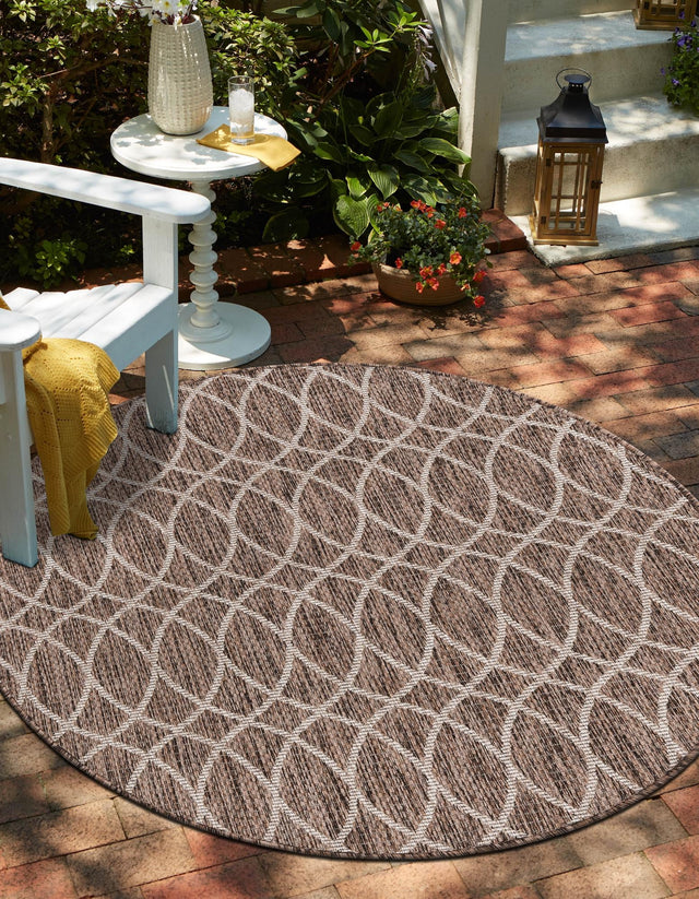 Brown 3' 1 x 3' 1 Outdoor Trellis Round Area Rug Weather Resistant for Patio, Deck, Terrace, Balcony, Porch Geometric Design Water Safe Outside Carpet for Sale at Rug Engine