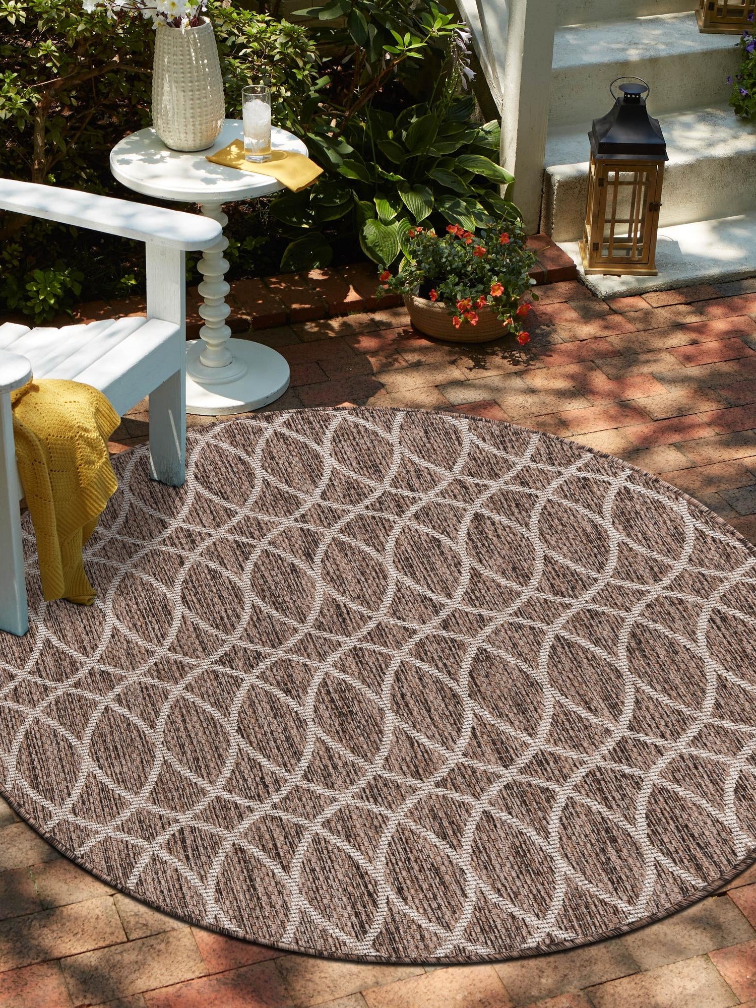 Brown 10' x 10' Outdoor Trellis Round Area Rug Weather Resistant for Patio, Deck, Terrace, Balcony, Porch Geometric Design Water Safe Outside Carpet for Sale at Rug Engine