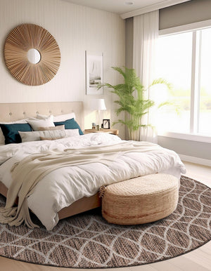 Brown 3' 1 x 3' 1 Outdoor Trellis Round Area Rug Weather Resistant for Patio, Deck, Terrace, Balcony, Porch Geometric Design Water Safe Outside Carpet for Sale at Rug Engine