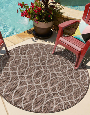 Brown 3' 1 x 3' 1 Outdoor Trellis Round Area Rug Weather Resistant for Patio, Deck, Terrace, Balcony, Porch Geometric Design Water Safe Outside Carpet for Sale at Rug Engine