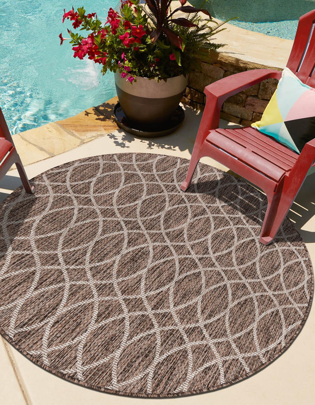 Brown 3' 1 x 3' 1 Outdoor Trellis Round Area Rug Weather Resistant for Patio, Deck, Terrace, Balcony, Porch Geometric Design Water Safe Outside Carpet for Sale at Rug Engine