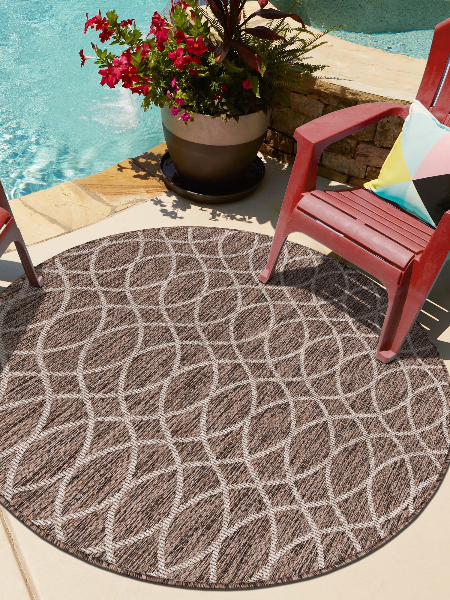 Brown 4' 1 x 4' 1 Outdoor Trellis Round Area Rug Weather Resistant for Patio, Deck, Terrace, Balcony, Porch Geometric Design Water Safe Outside Carpet for Sale at Rug Engine