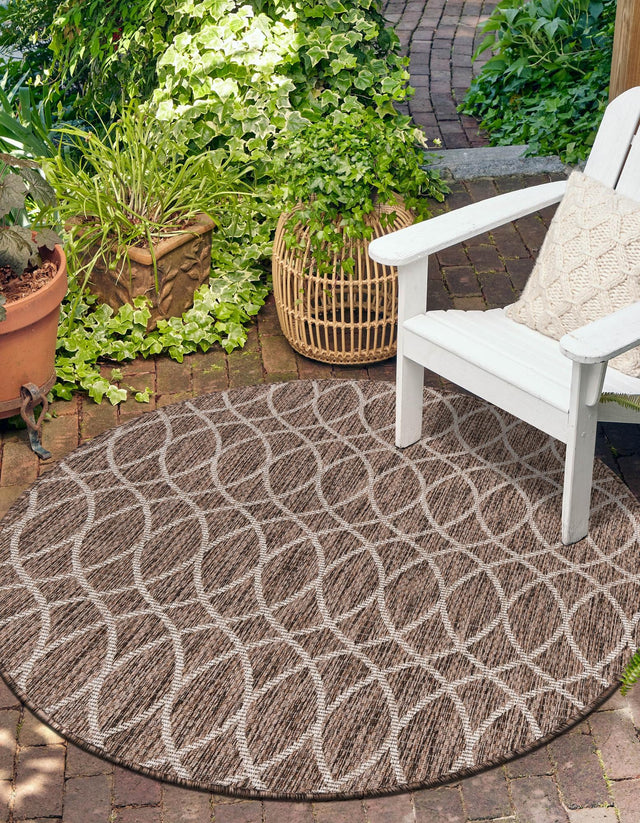 Brown 3' 1 x 3' 1 Outdoor Trellis Round Area Rug Weather Resistant for Patio, Deck, Terrace, Balcony, Porch Geometric Design Water Safe Outside Carpet for Sale at Rug Engine
