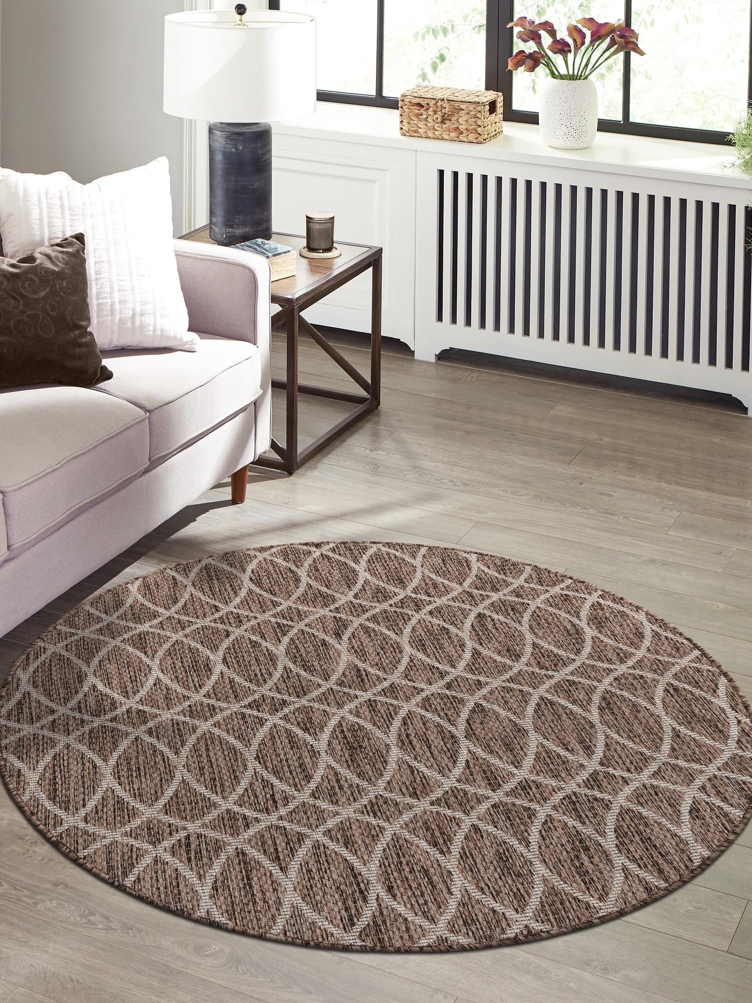 Brown 10' x 10' Outdoor Trellis Round Area Rug Weather Resistant for Patio, Deck, Terrace, Balcony, Porch Geometric Design Water Safe Outside Carpet for Sale at Rug Engine