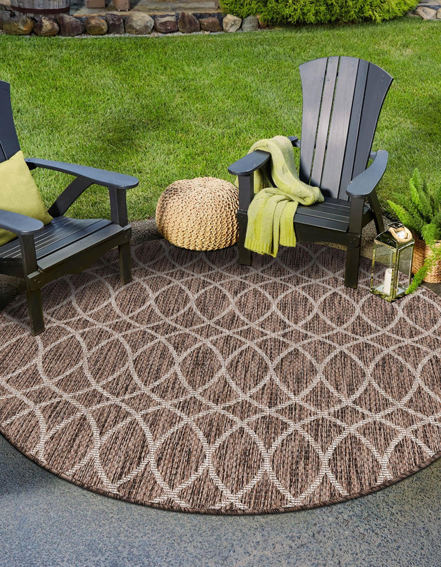 Brown 3' 1 x 3' 1 Outdoor Trellis Round Area Rug Weather Resistant for Patio, Deck, Terrace, Balcony, Porch Geometric Design Water Safe Outside Carpet for Sale at Rug Engine