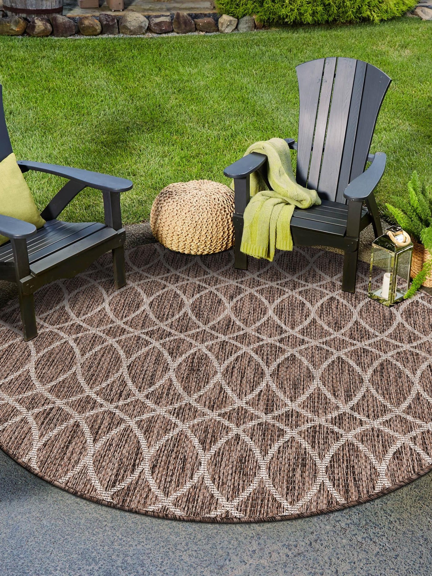 Brown 4' 1 x 4' 1 Outdoor Trellis Round Area Rug Weather Resistant for Patio, Deck, Terrace, Balcony, Porch Geometric Design Water Safe Outside Carpet for Sale at Rug Engine