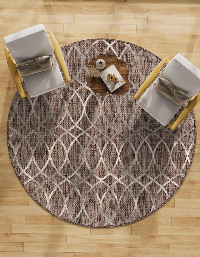 Brown 3' 1 x 3' 1 Outdoor Trellis Round Area Rug Weather Resistant for Patio, Deck, Terrace, Balcony, Porch Geometric Design Water Safe Outside Carpet for Sale at Rug Engine