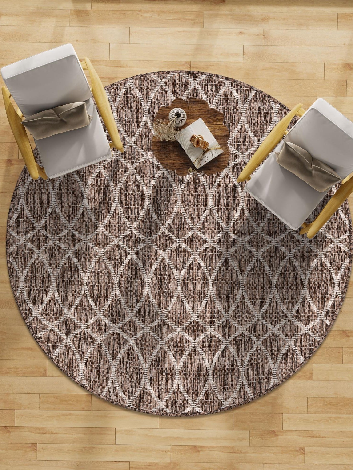 Brown 4' 1 x 4' 1 Outdoor Trellis Round Area Rug Weather Resistant for Patio, Deck, Terrace, Balcony, Porch Geometric Design Water Safe Outside Carpet for Sale at Rug Engine