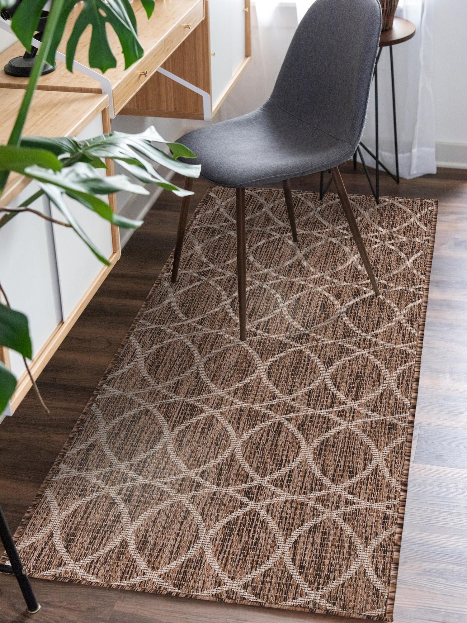 Brown 2' x 8' Outdoor Trellis Runner Area Rug Weather Resistant for Patio, Deck, Terrace, Balcony, Porch Geometric Design Water Safe Outside Carpet for Sale at Rug Engine