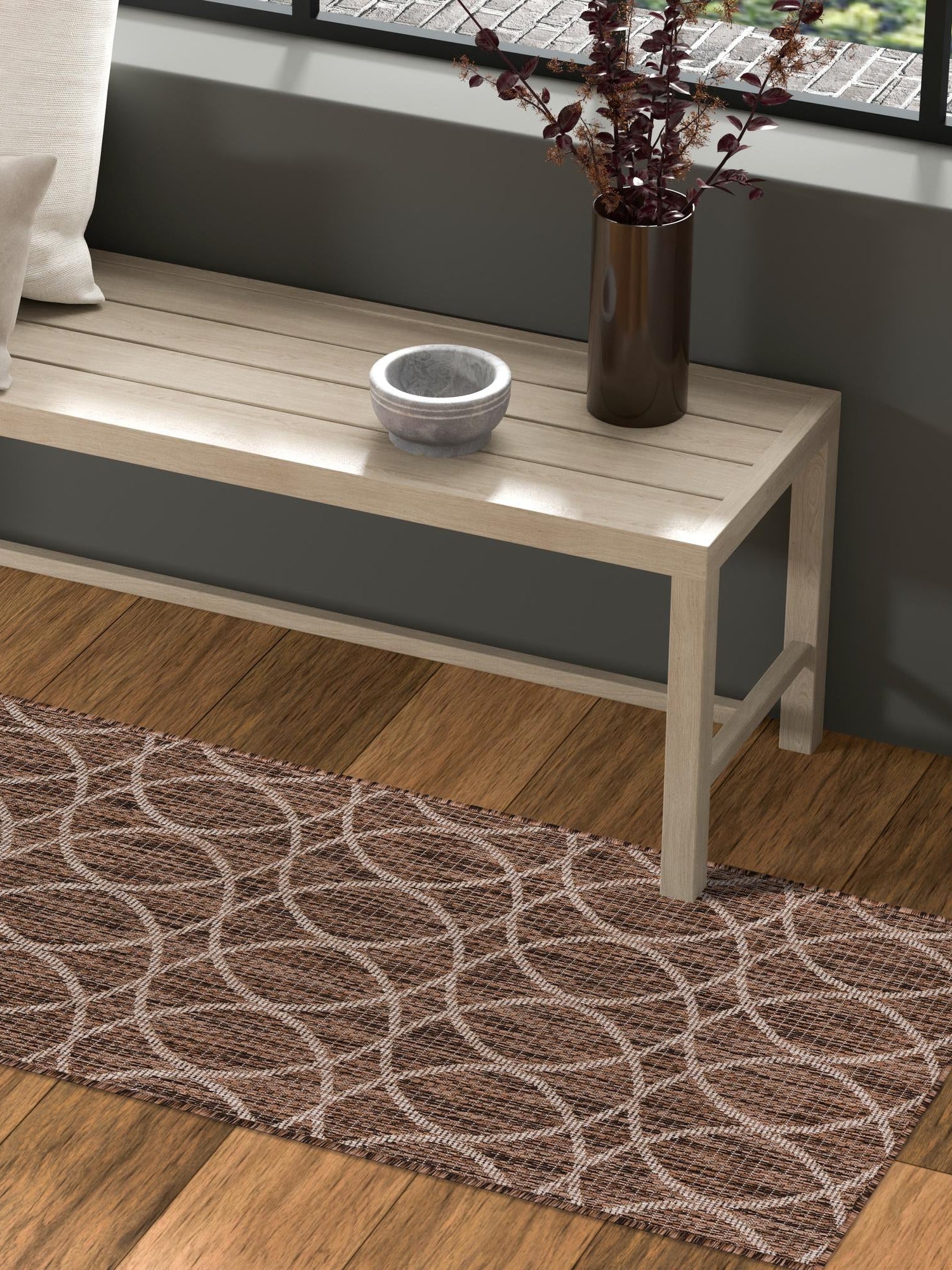 Brown 2' 7 x 10' Outdoor Trellis Runner Area Rug Weather Resistant for Patio, Deck, Terrace, Balcony, Porch Geometric Design Water Safe Outside Carpet for Sale at Rug Engine
