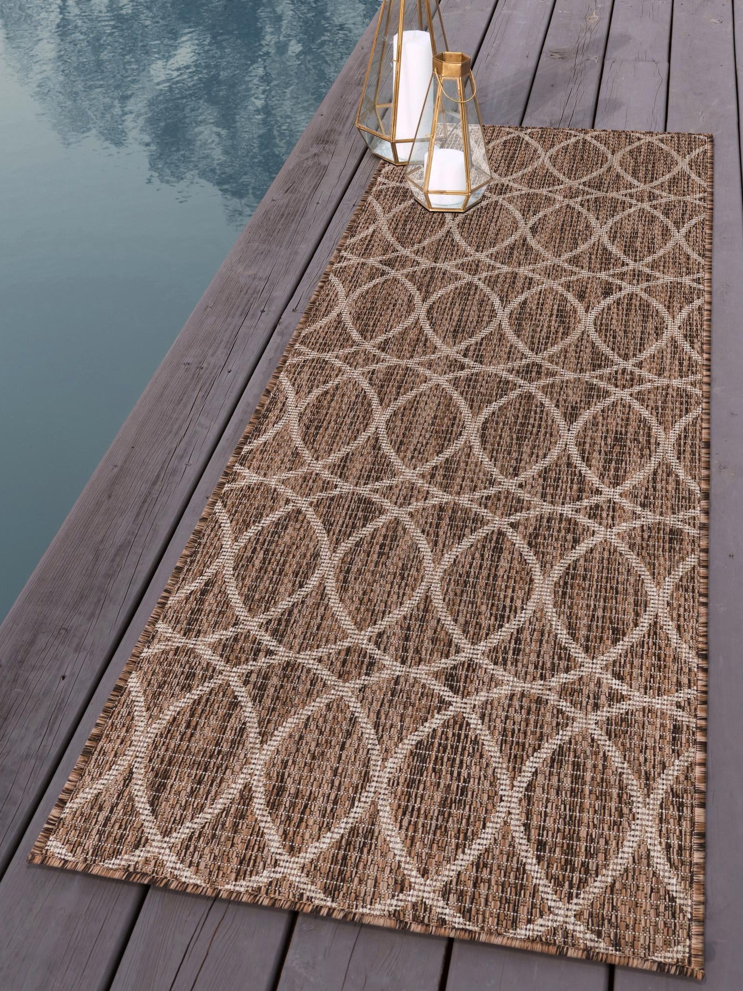Brown 2' x 8' Outdoor Trellis Runner Area Rug Weather Resistant for Patio, Deck, Terrace, Balcony, Porch Geometric Design Water Safe Outside Carpet for Sale at Rug Engine
