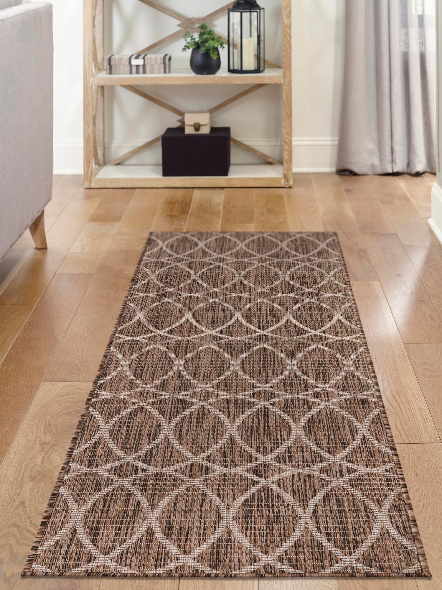 Brown 2' x 8' Outdoor Trellis Runner Area Rug Weather Resistant for Patio, Deck, Terrace, Balcony, Porch Geometric Design Water Safe Outside Carpet for Sale at Rug Engine